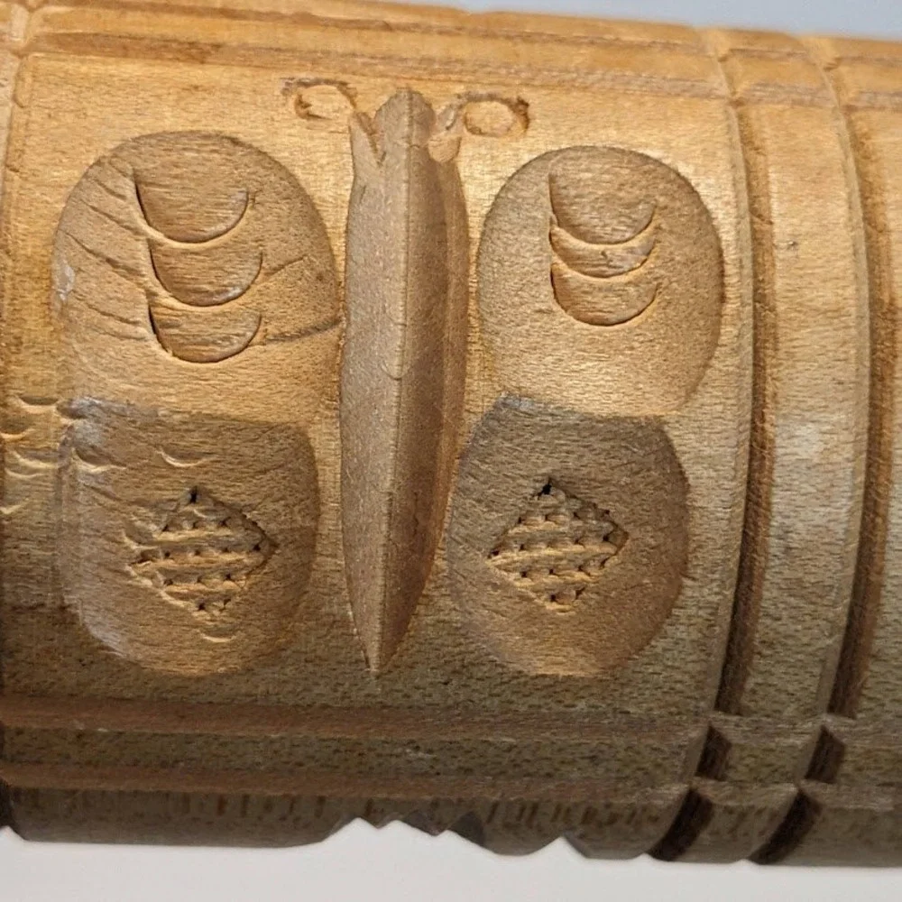 Vintage Wooden Springerle Rolling Pin Carved Bird Butterfly Flower Cookie Mold